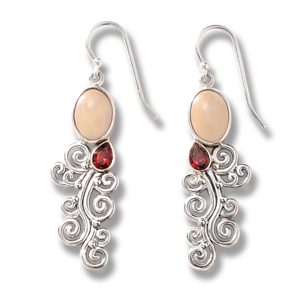 Mammoth Ivory Wire Drop Earrings .925 White Pear Garnet Mozambiques