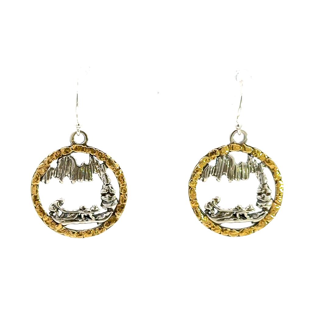 Cabin Scene Wire Drop Sterling Silver Earrings Accented with Alaskan Gold Nuggets