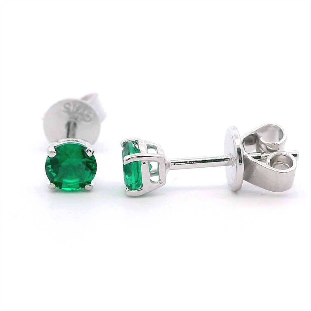 Birth Stone Studs Style Sterling Silver White With Round Emerald Labs