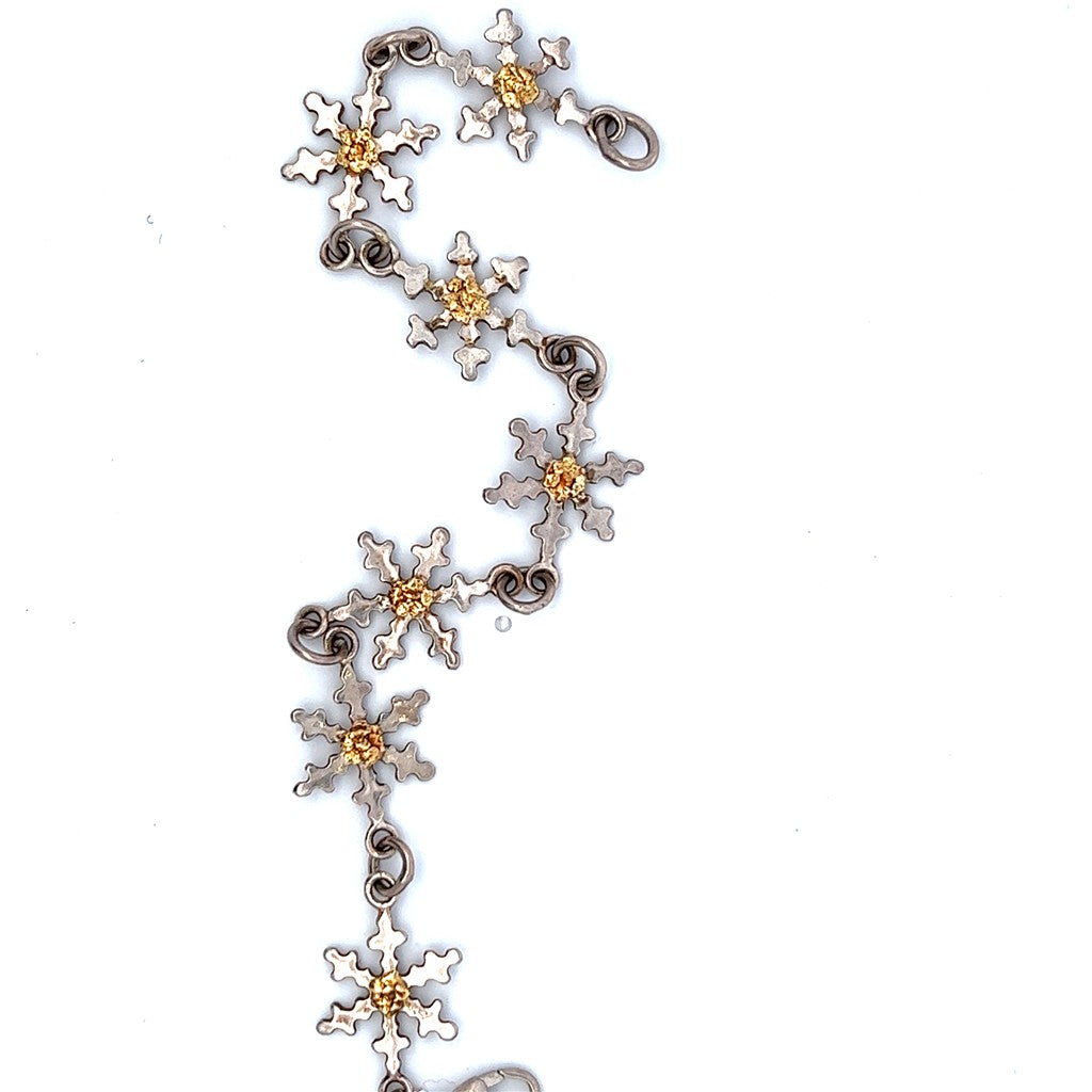Snow Flake Link Bracelet Sterling Silver & Alaskan Gold Nugget Two Tone Color 7" Long