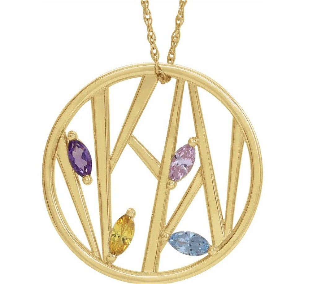 family Free Form Pendants 14 Karat Gold Yellow with Marquise Amethyst & Marquise Ruby & Marquise Garnet Mozambique