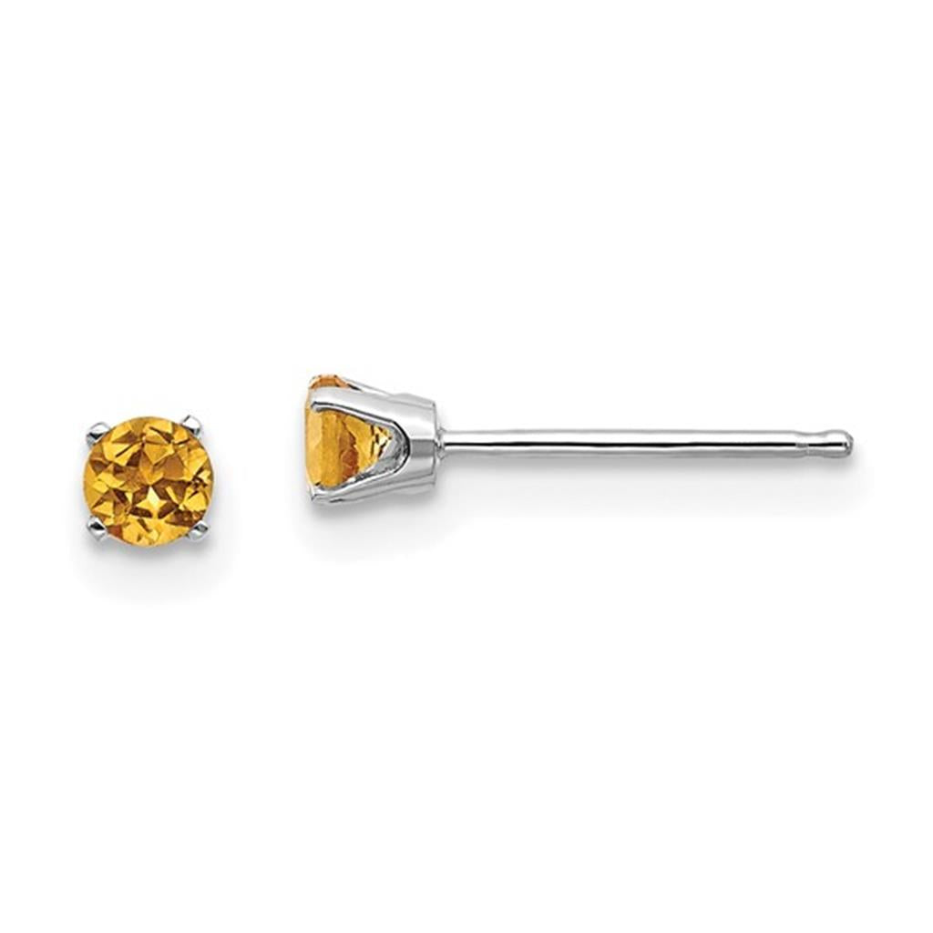 14 KT White Birth Stone Stud Earrings With 4mm Round Citrines