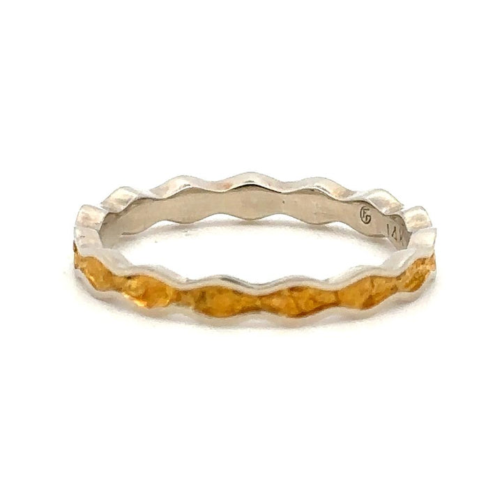 Wavy Channel Style Womans Wedding Bands With Gold Nugget 14 KT White size 7