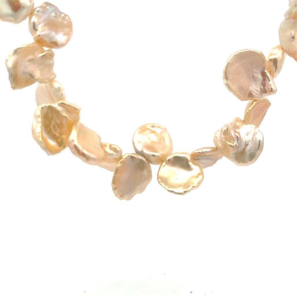 Fancy Knotted Pearl Strand Necklace Strung on Sterling Silver 16" Long with Cream Cultured Keshi Fresh Water Pearl