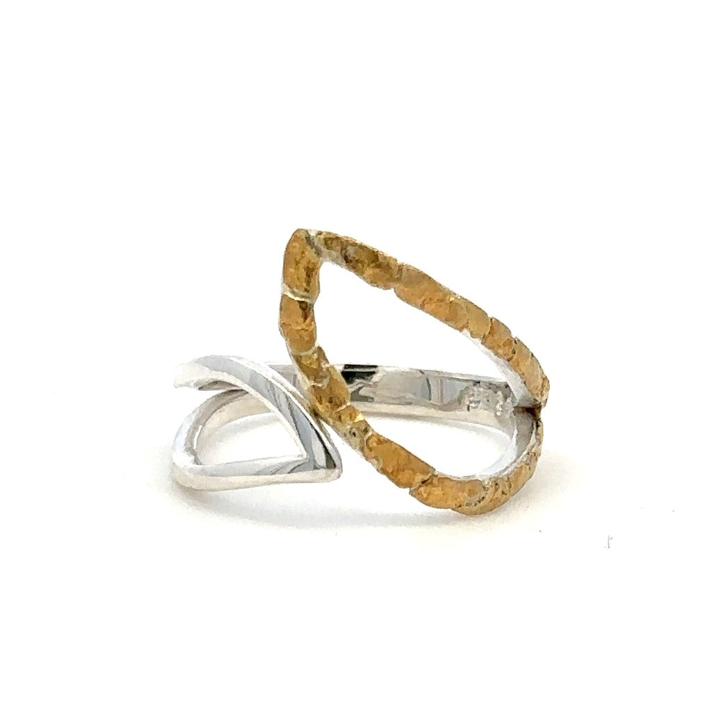 Free Form Ring 3 mm wide Sterling Silver & Alaskan Gold Nugget Size 7