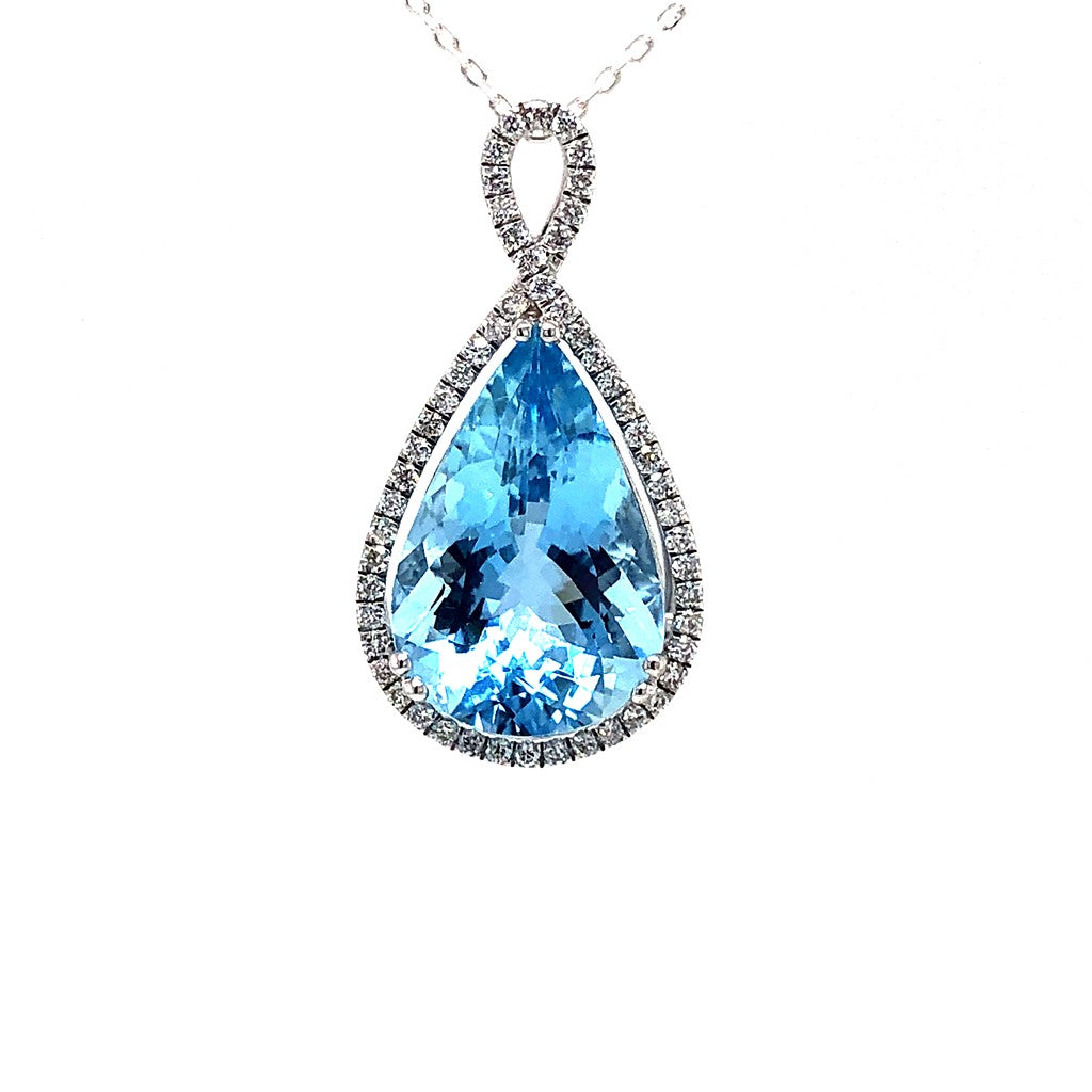 Slider Halo Pendants 14 Karat Gold White with Pear Aqua & Pear Blue Aqua & Round Diamonds