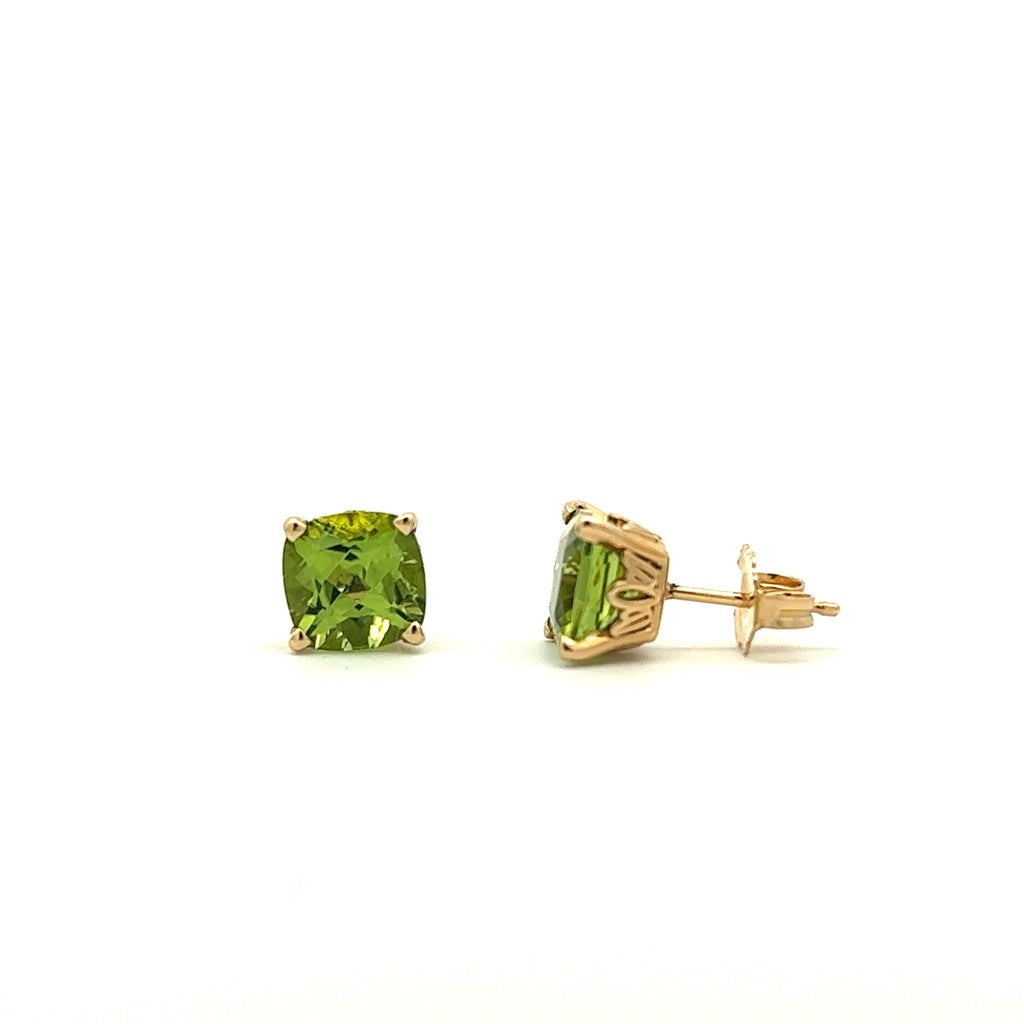 14 Karat Gold Yellow Stud Earrings 2.88ctw Cushion Peridot