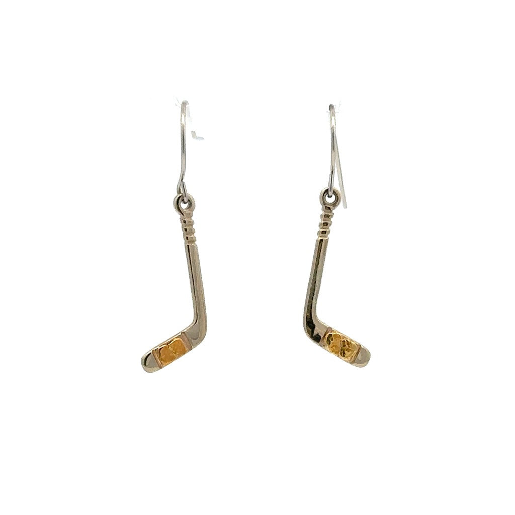 Hockey Hockey Dangle Sterling Silver Earrings Accented with Alaskan Gold Nuggets