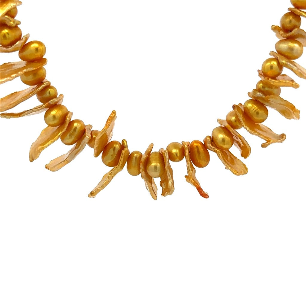 Fancy Beachy Pearl Strand Necklace Strung on Cord 18" Long with Golden Keshi Akoya Pearl & Golden Akoya Pearl Oval
