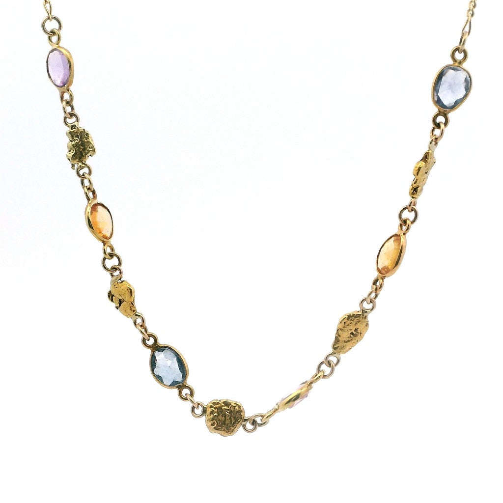 Alaskan Gold Nugget Necklace Partial Continual 18 " long On a 14 Karat Gold Yellow Figaro Chain Sapphires