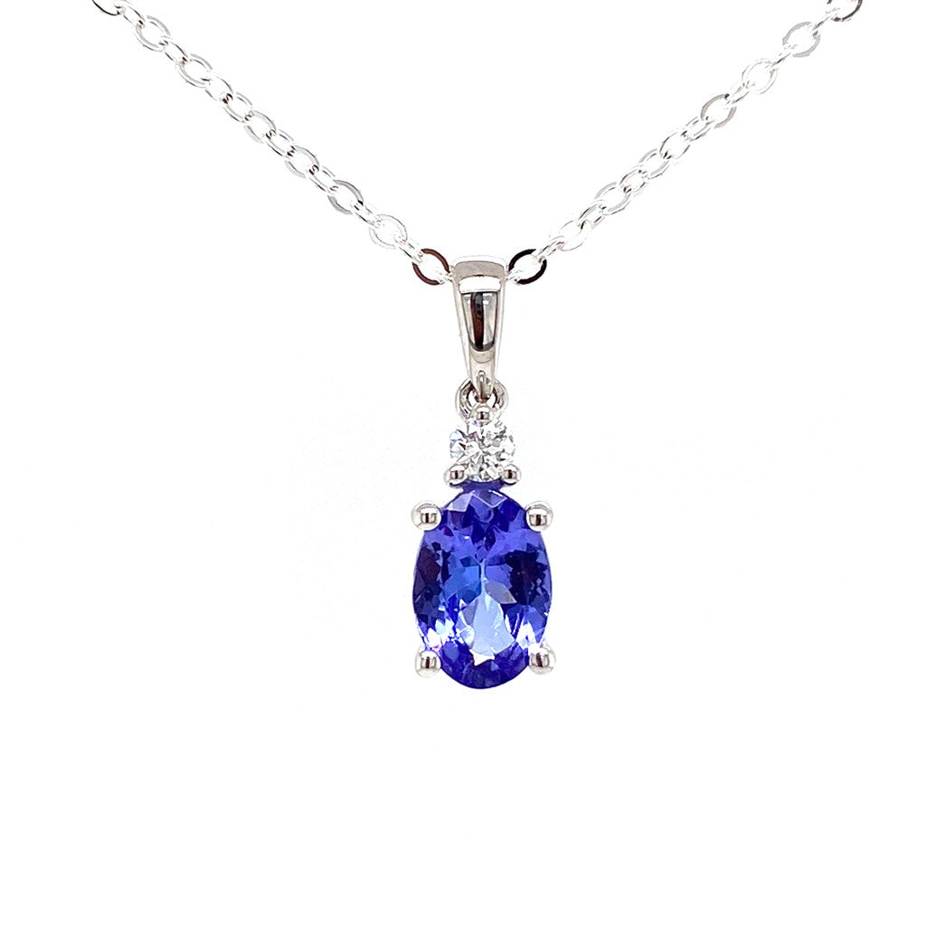 Solitare Accent Pendants 14 Karat Gold White with Oval Tanzanite & Round Diamond