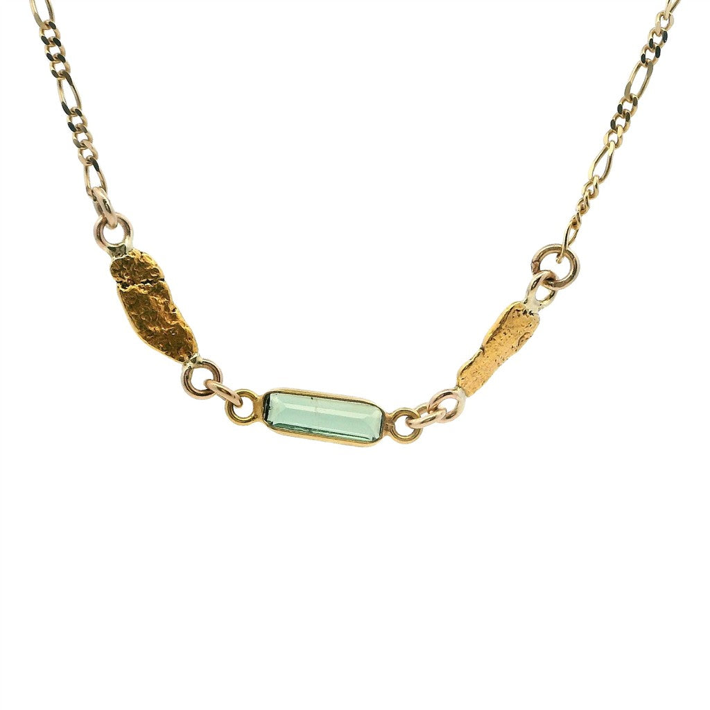 Alaskan Gold Nugget Necklace In Line 18 " long On a 14 Karat Gold Yellow Figaro Chain With Green Tourmaline