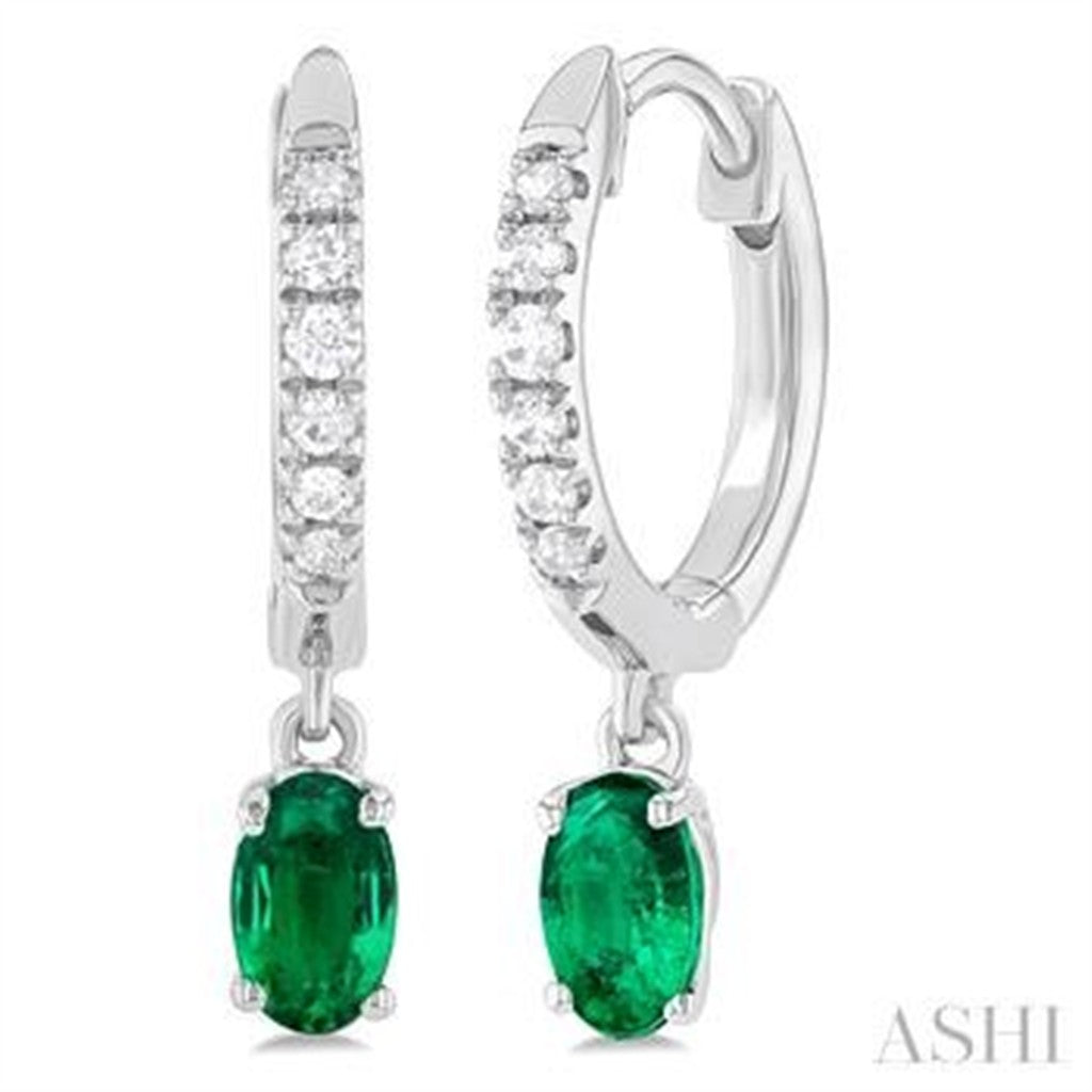 Earrings Precious Metal With Colored Stone Dangle Huggie Hoop 10 Karat Gold White With Emeralds 0.12 ctw & Diamonds