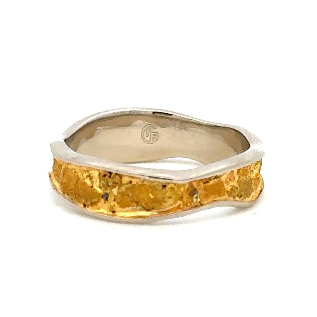 Straight Channel Style Womans Wedding Bands With Gold Nugget 14 KT White & Yellow size 7