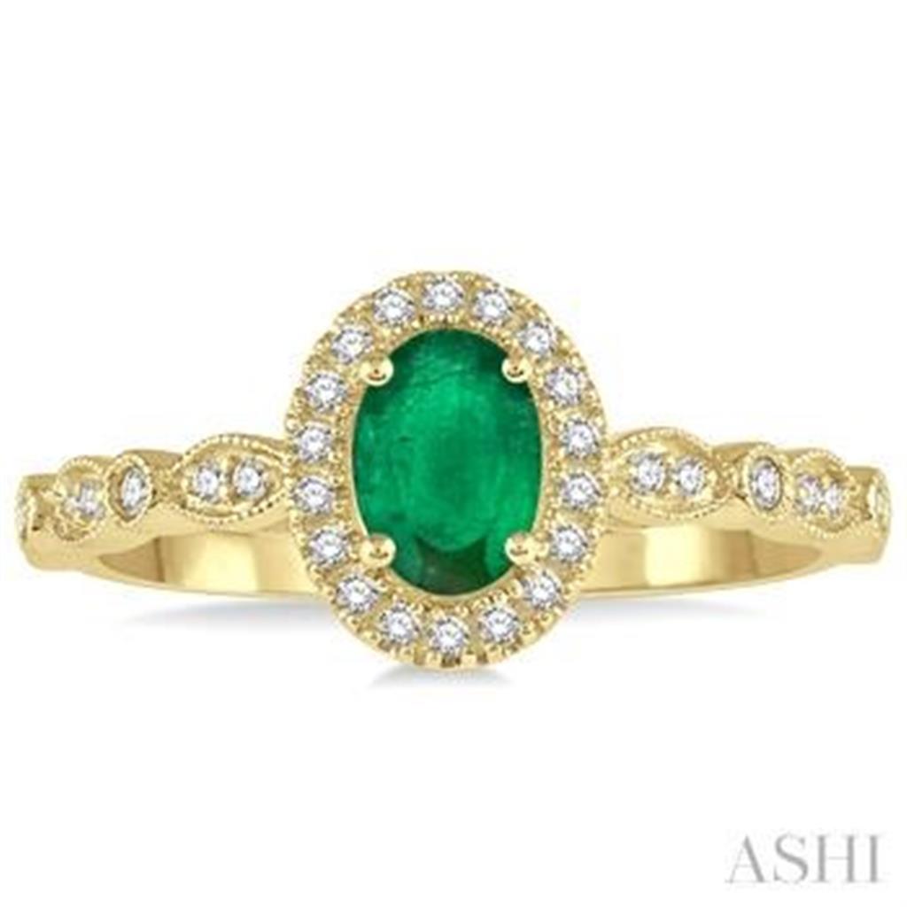 Halo Style Engagement Ring with Colored Stone Center 10 KT Yellow with an Oval Shape Emerald Center Stone and Diamonds accent stones