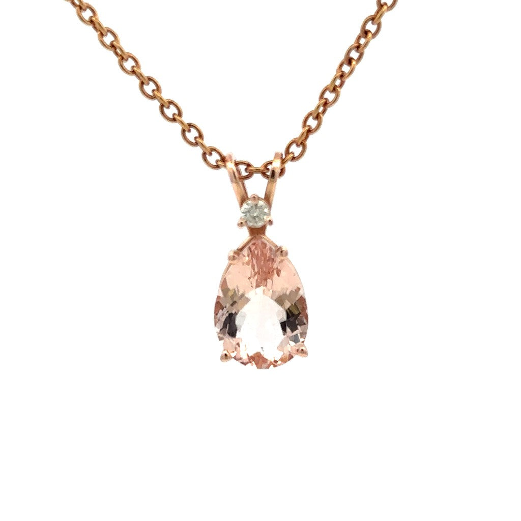 Solitare Accent Pendants 14 Karat Gold Rose with Pear Morganite & Round H Diamond