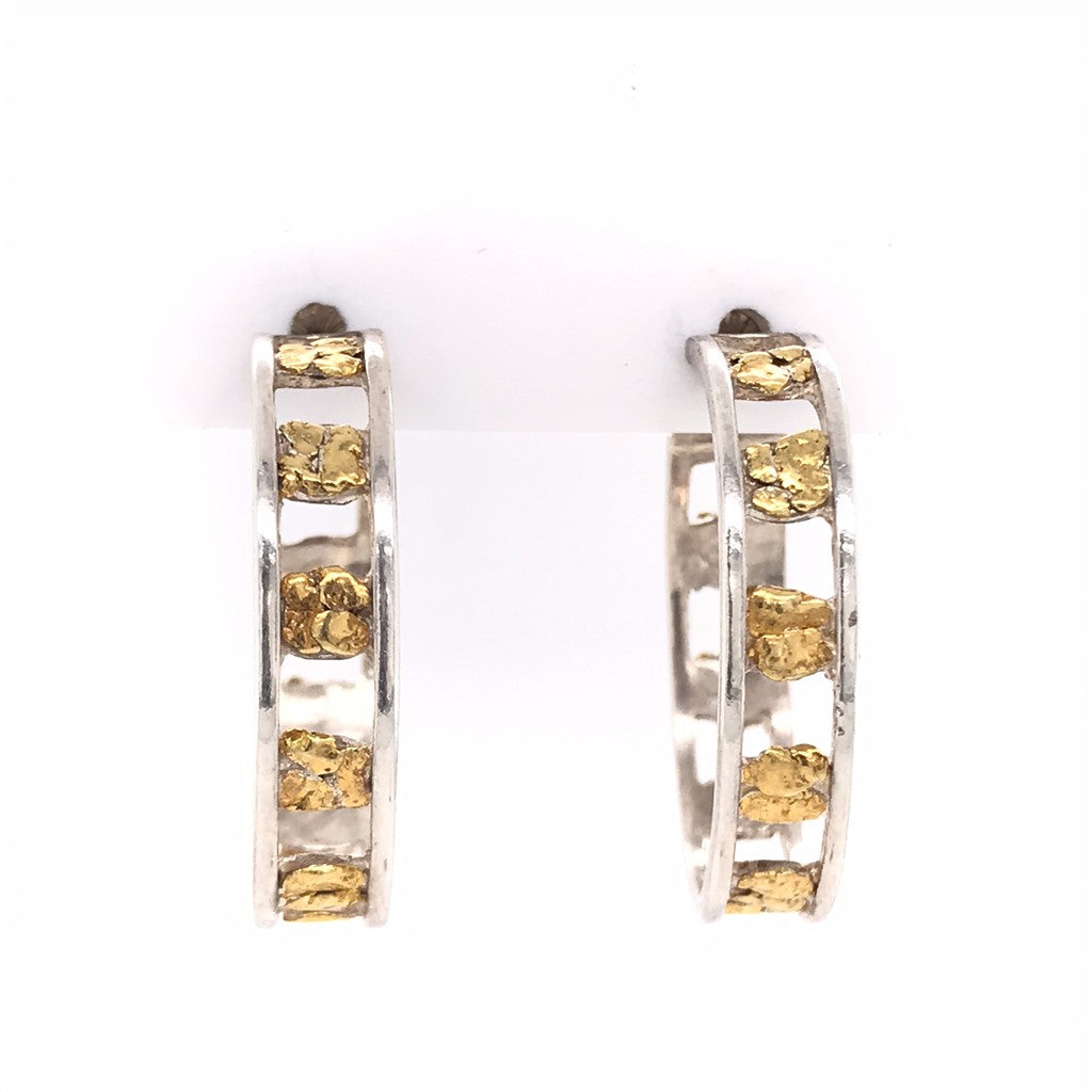 Track Hoop Sterling Silver Earrings Accented with Alaskan Gold Nuggets