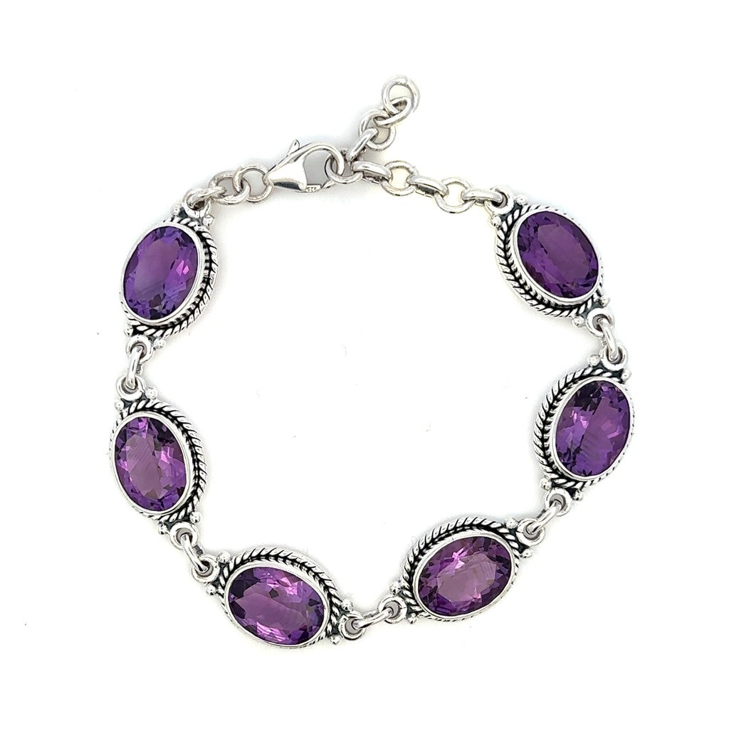 Link Style Gemstone Bracelet Sterling Silver White With Amethysts 8" Long