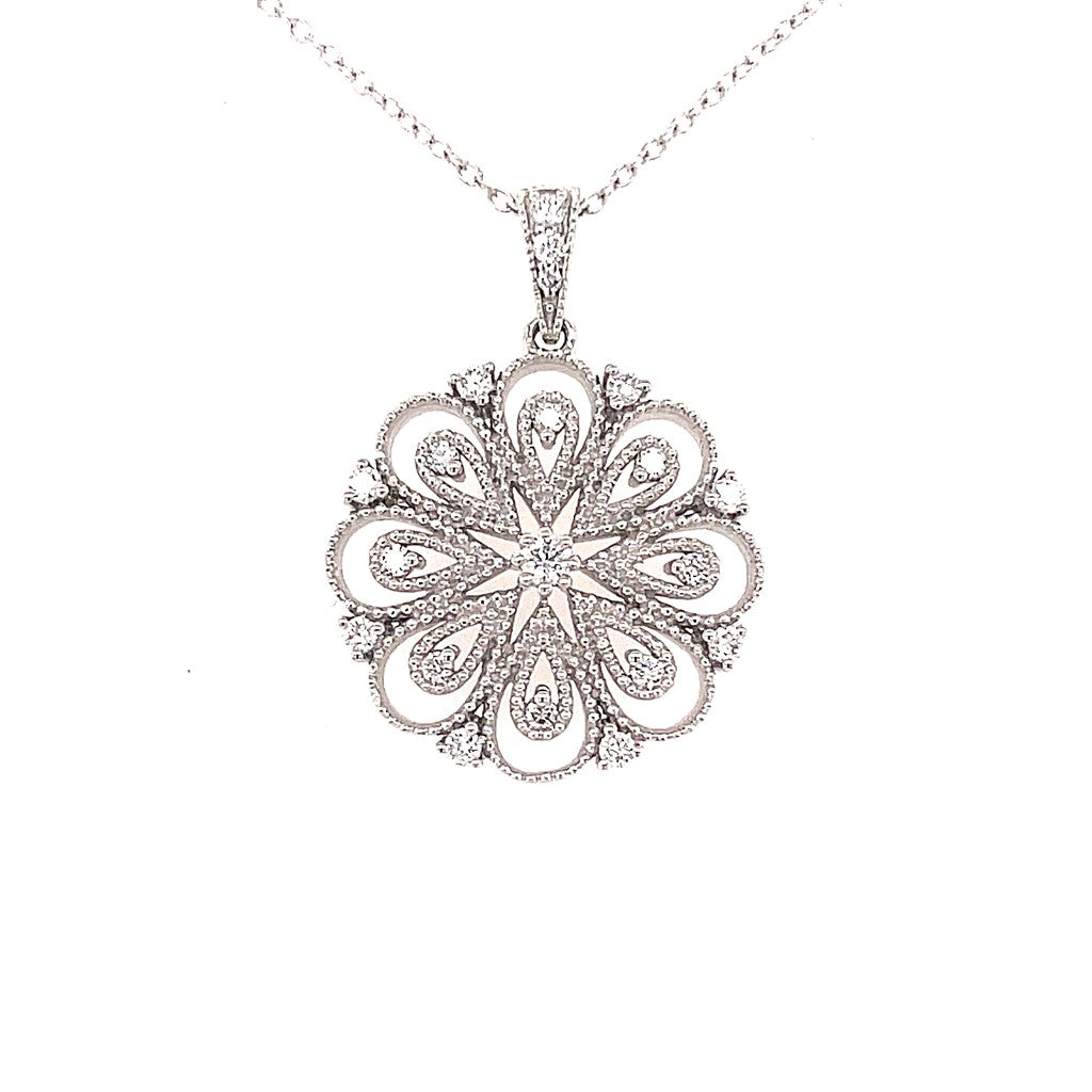 Floral Cluster Drop Pendant Diamond 14 Karat Gold White with Round G/H Diamond & Round Diamonds