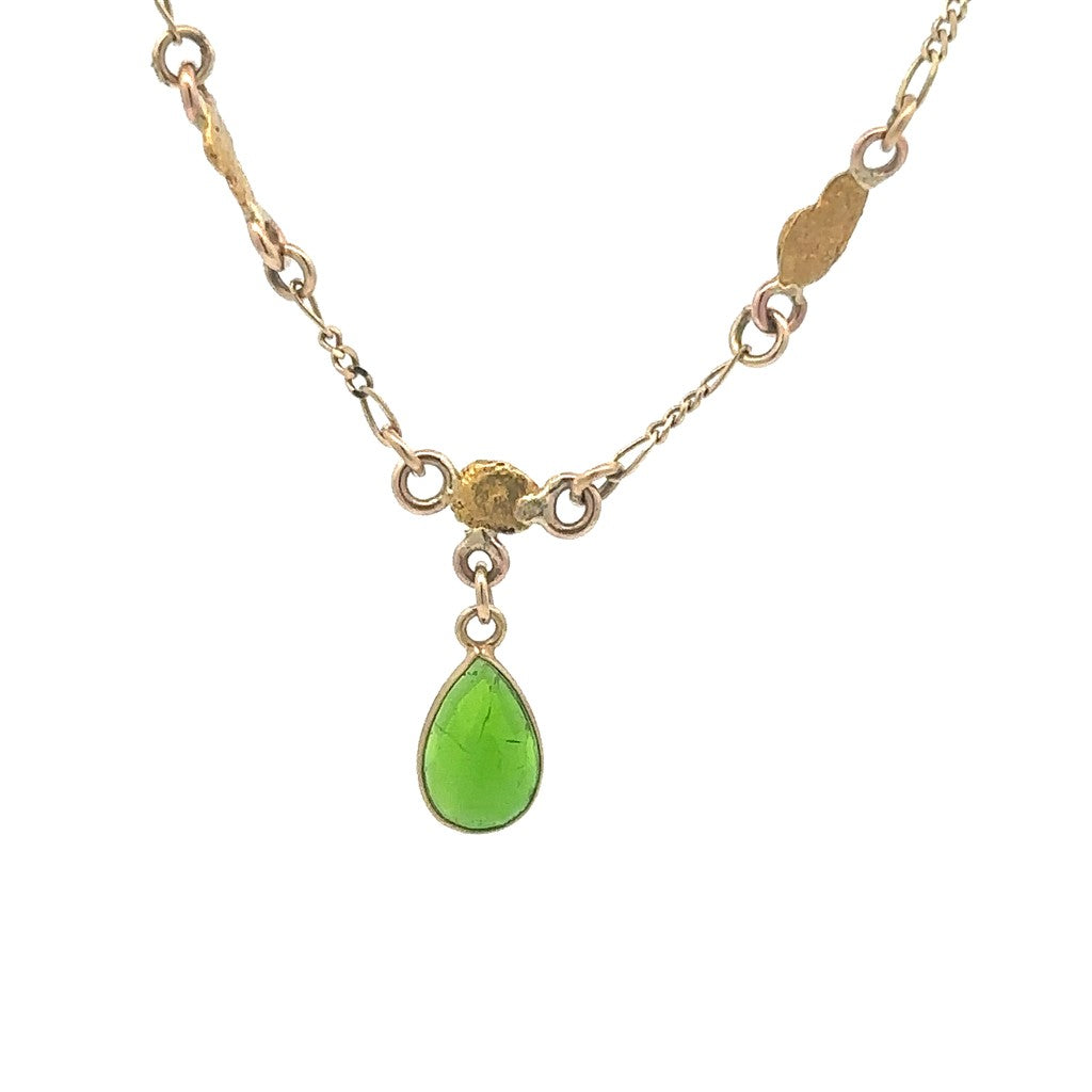 Alaskan Gold Nugget Necklace Y Style 18 " long On a 14 Karat Gold Yellow Figaro Chain With Green Chrome Diopside