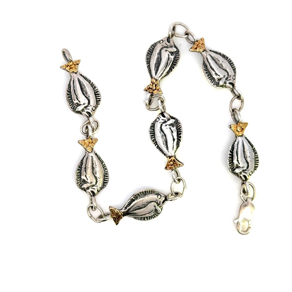 Halibut Link Bracelet Sterling Silver & Alaskan Gold Nugget Two Tone Color 7.5" Long