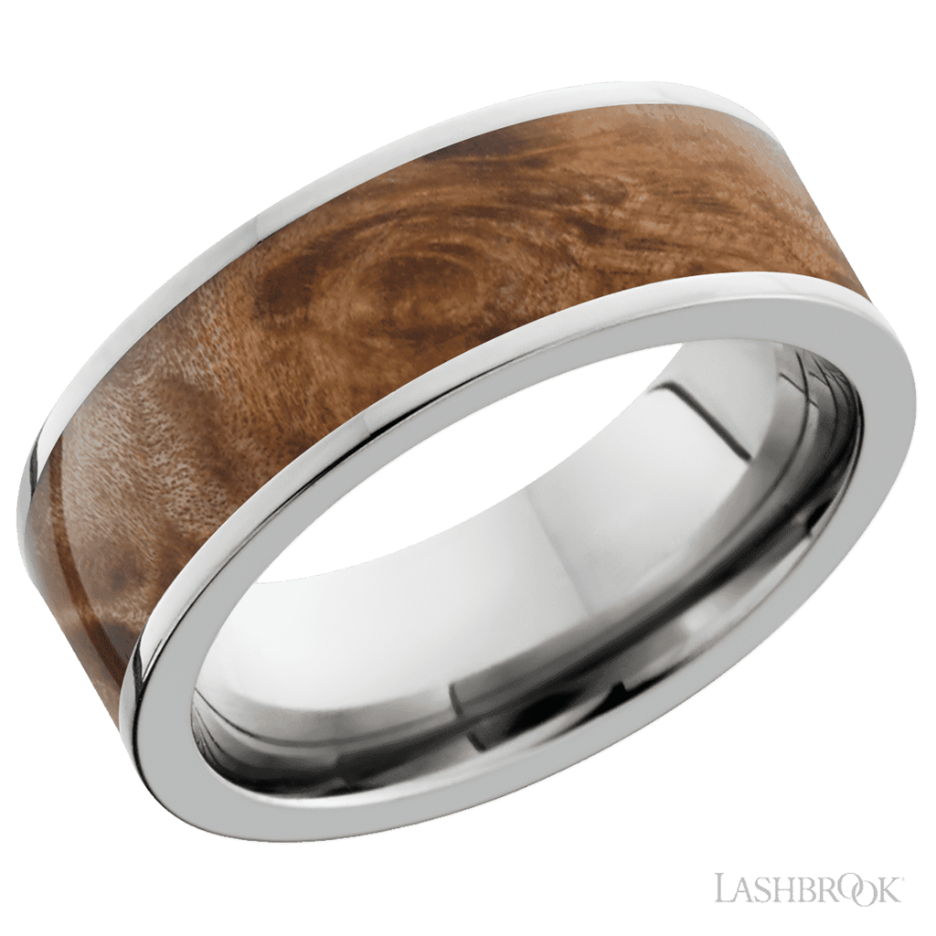 White Titanium Alternative Metal Ring 8mm wide Maple Burl REMOVE Size 10