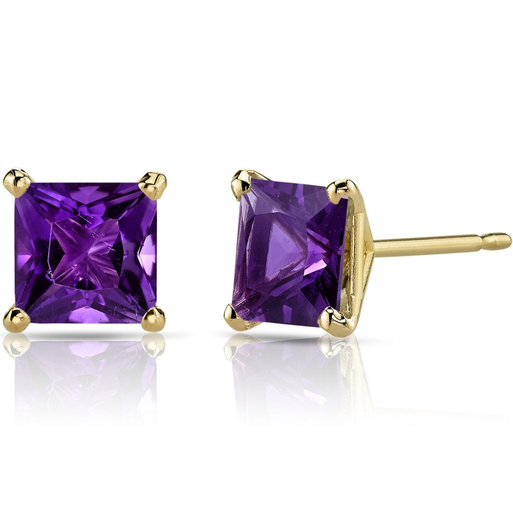 14 Karat Gold Yellow Stud Earrings 2.00ctw Princess Amethysts