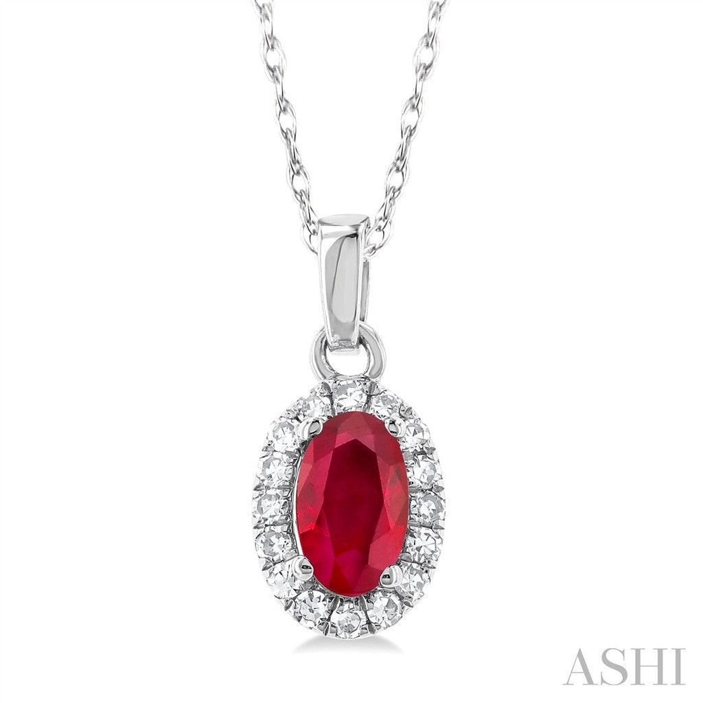 Drop Pendants 10 Karat Gold White with Oval Ruby & Slice Diamonds