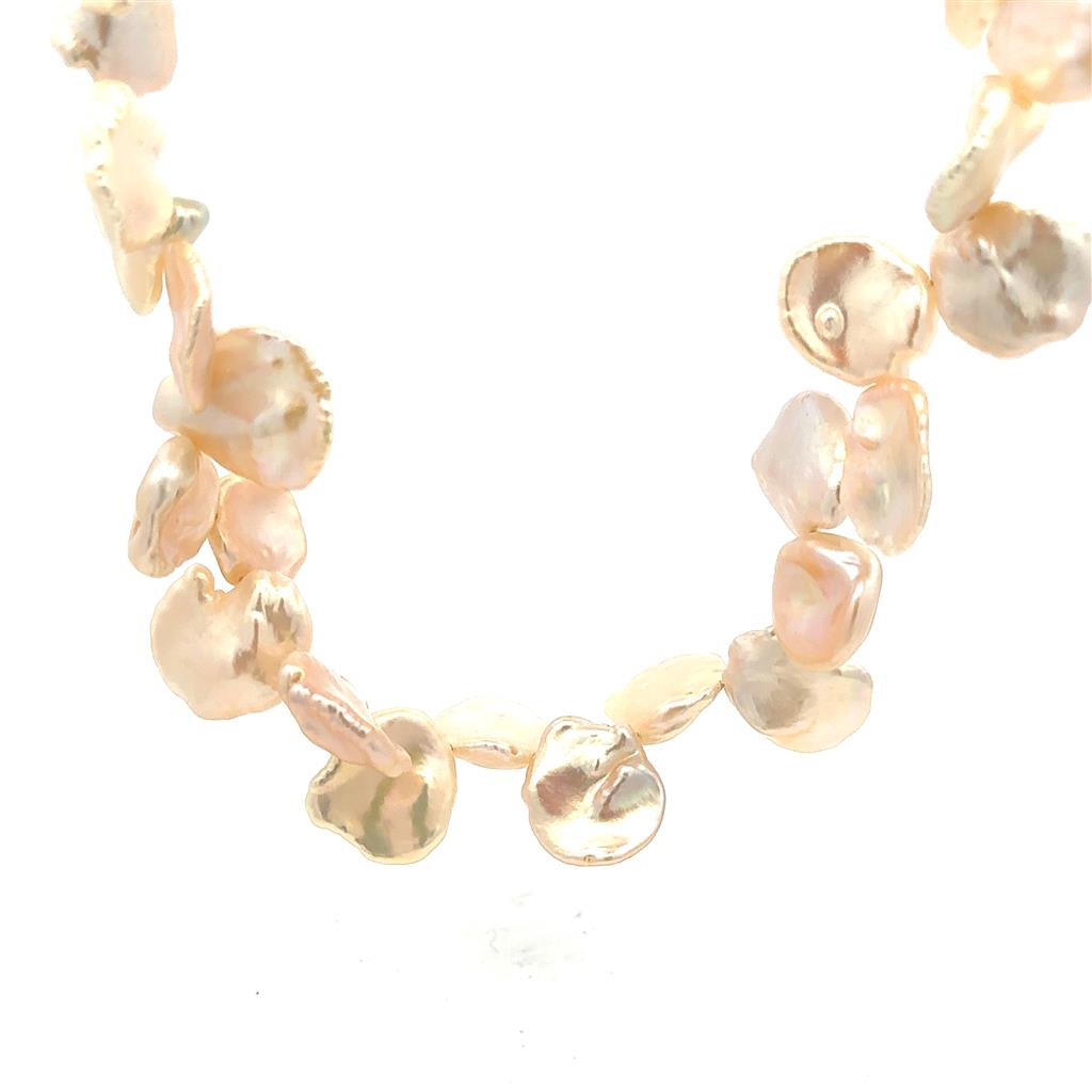 Fancy Knotted Pearl Strand Necklace Strung on Sterling Silver 16" Long with Cream Cultured Keshi Fresh Water Pearl