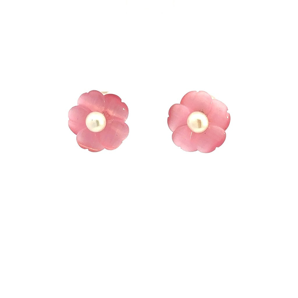 Floral Stud Earring 14 Karat Gold Yellow Mother Of Pearls & Fresh Water Pearls