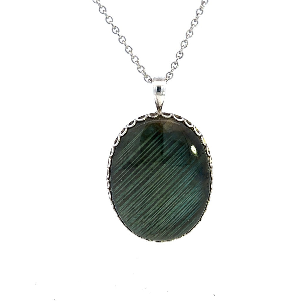 Drop Pendant Sterling Silver White with Oval Labradorite