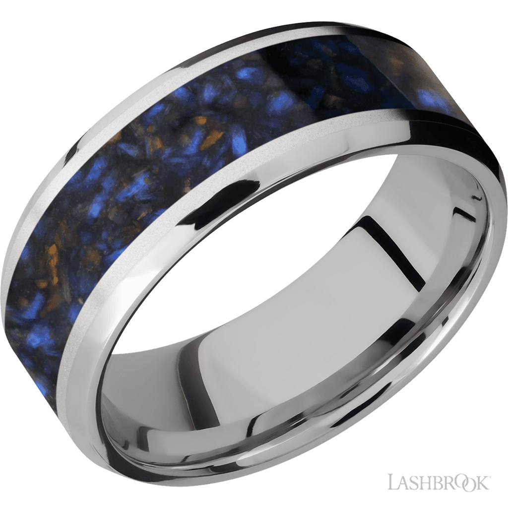 White Cobalt Chrome Alternative Metal Ring 8mm wide Blue Tigers Eye Size 8