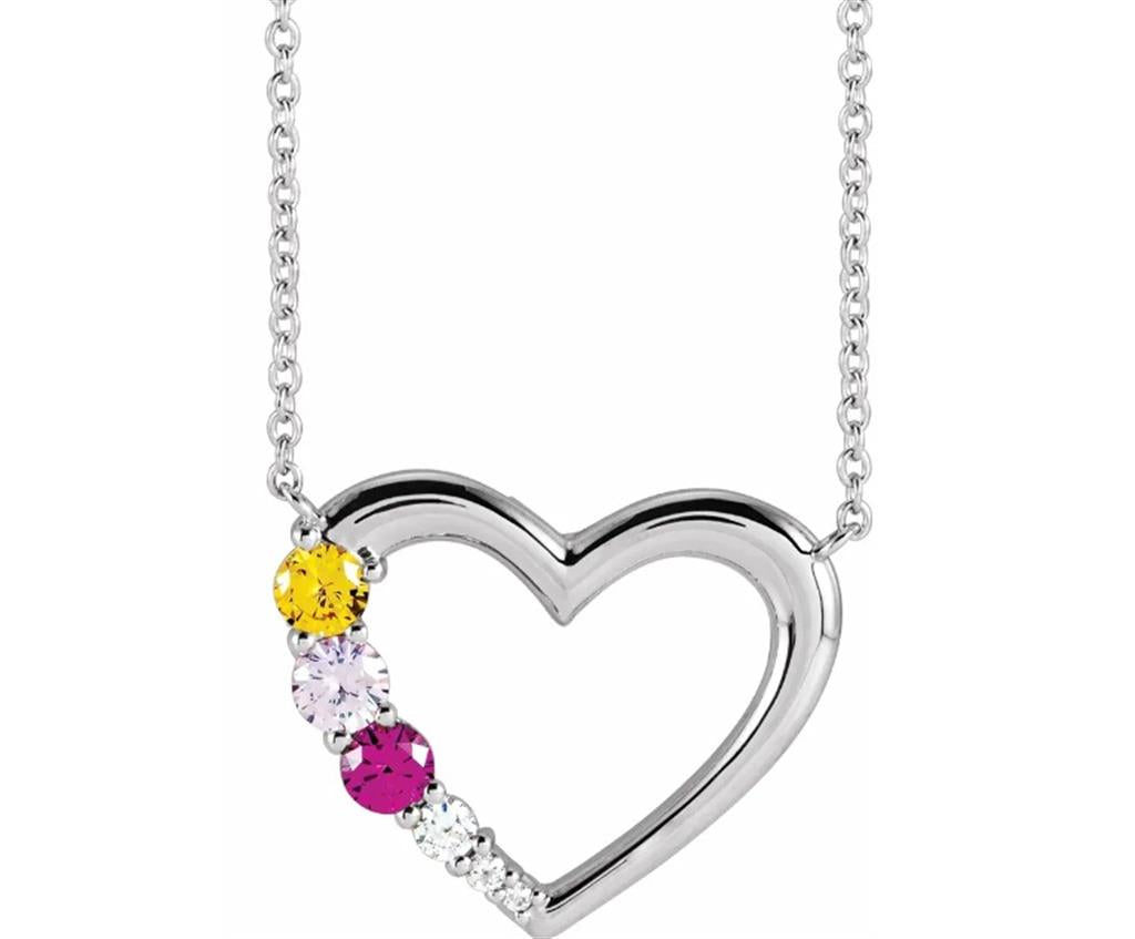 family Heart Pendants 14 Karat Gold White with Round Aqua & Round Citrine & Round Emerald