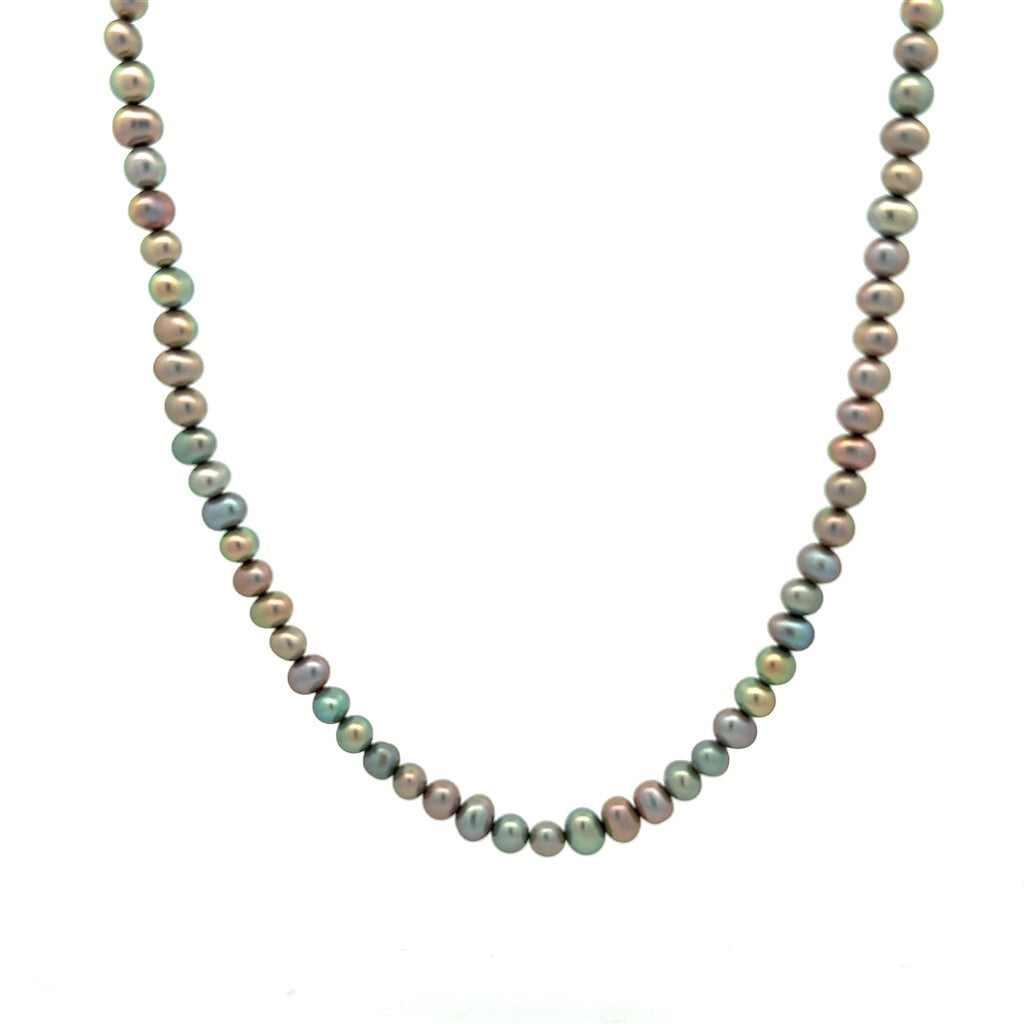 Single Strand Knotted Pearl Strand Necklace Strung on Sterling Silver 18" Long with Multi Cultured Biwa Fresh Water Pearl
