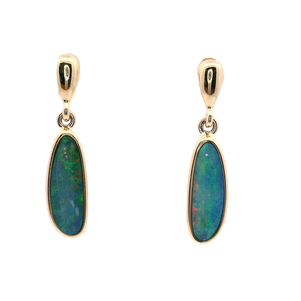 14 Karat Gold Yellow October Stud Drop Earrings Oval Opals