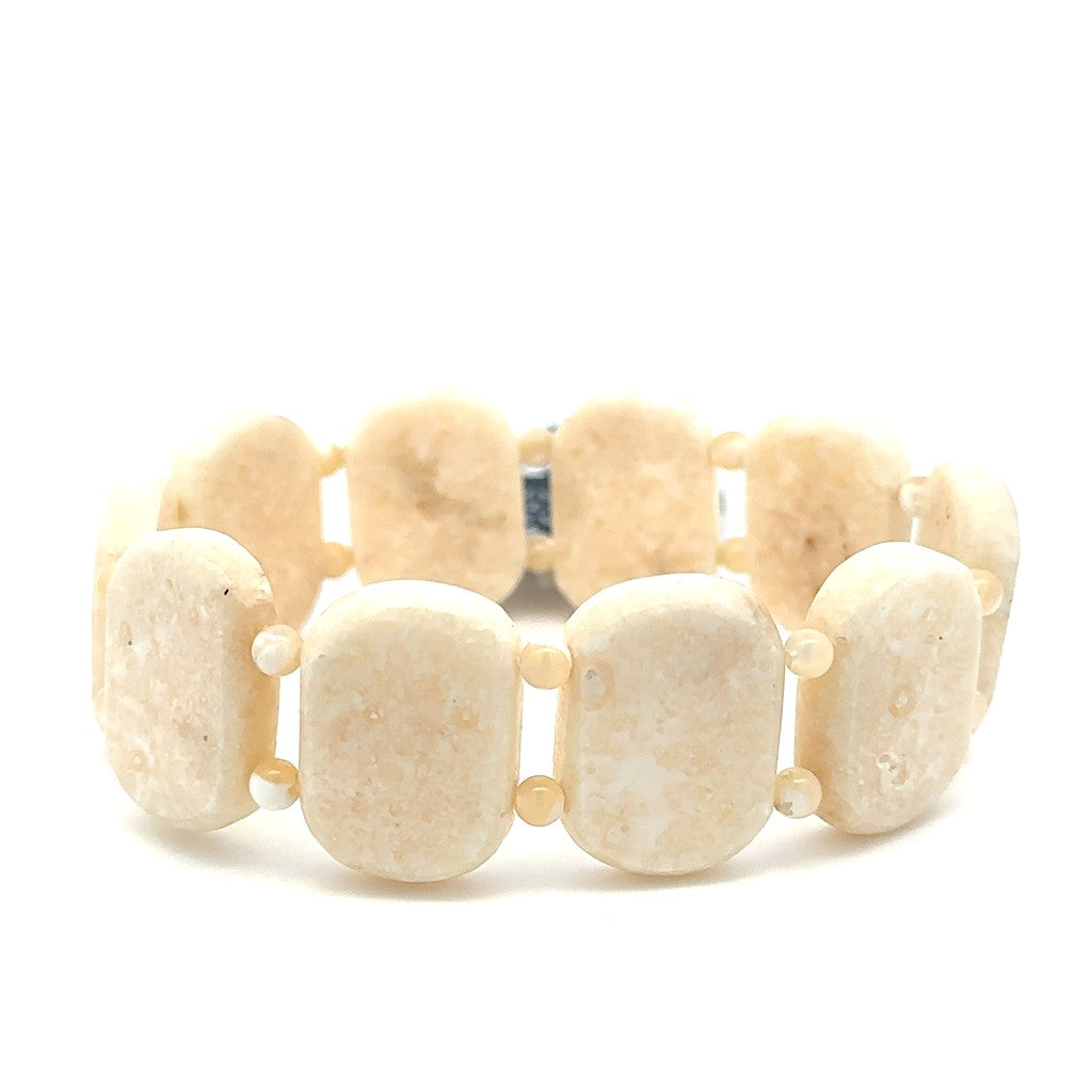 Fossilized Ivory Mother of Pearl Beads Bangle Bracelet Elastic White 7" Long