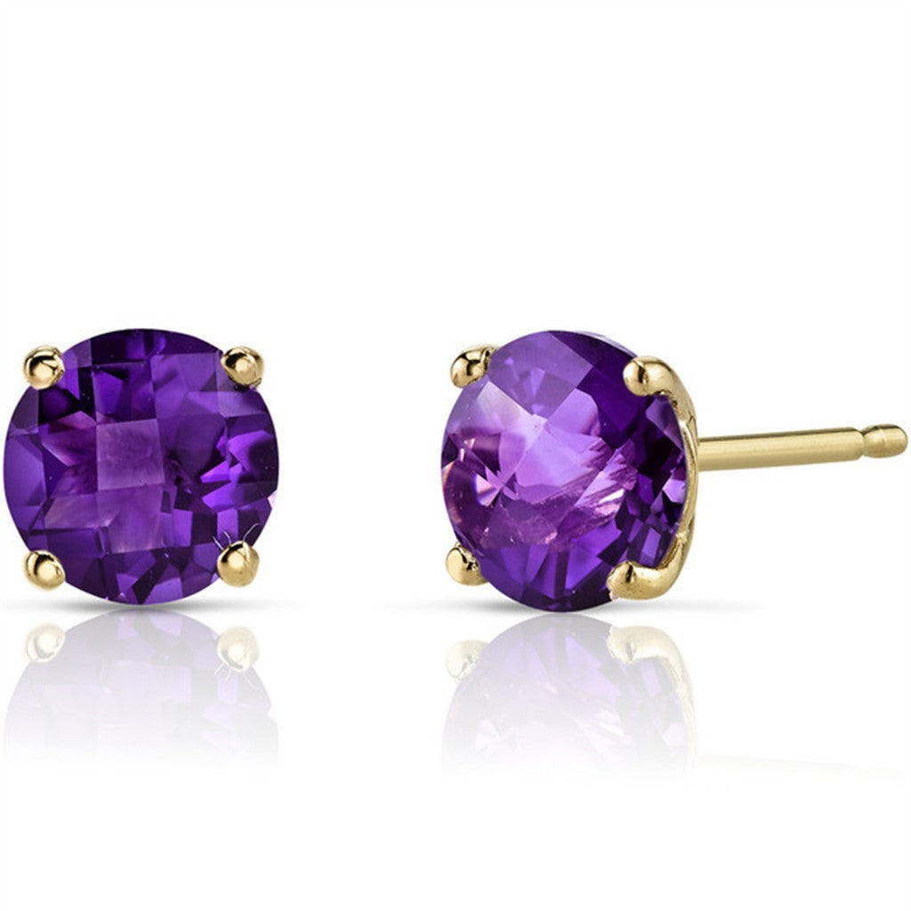 14 Karat Gold Yellow Stud Earrings 1.50ctw Round Amethysts