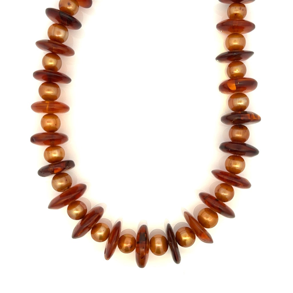 Honey Akoya Pearl & Amber Strand Necklace With a Sterling Silver Clasp 25" Long