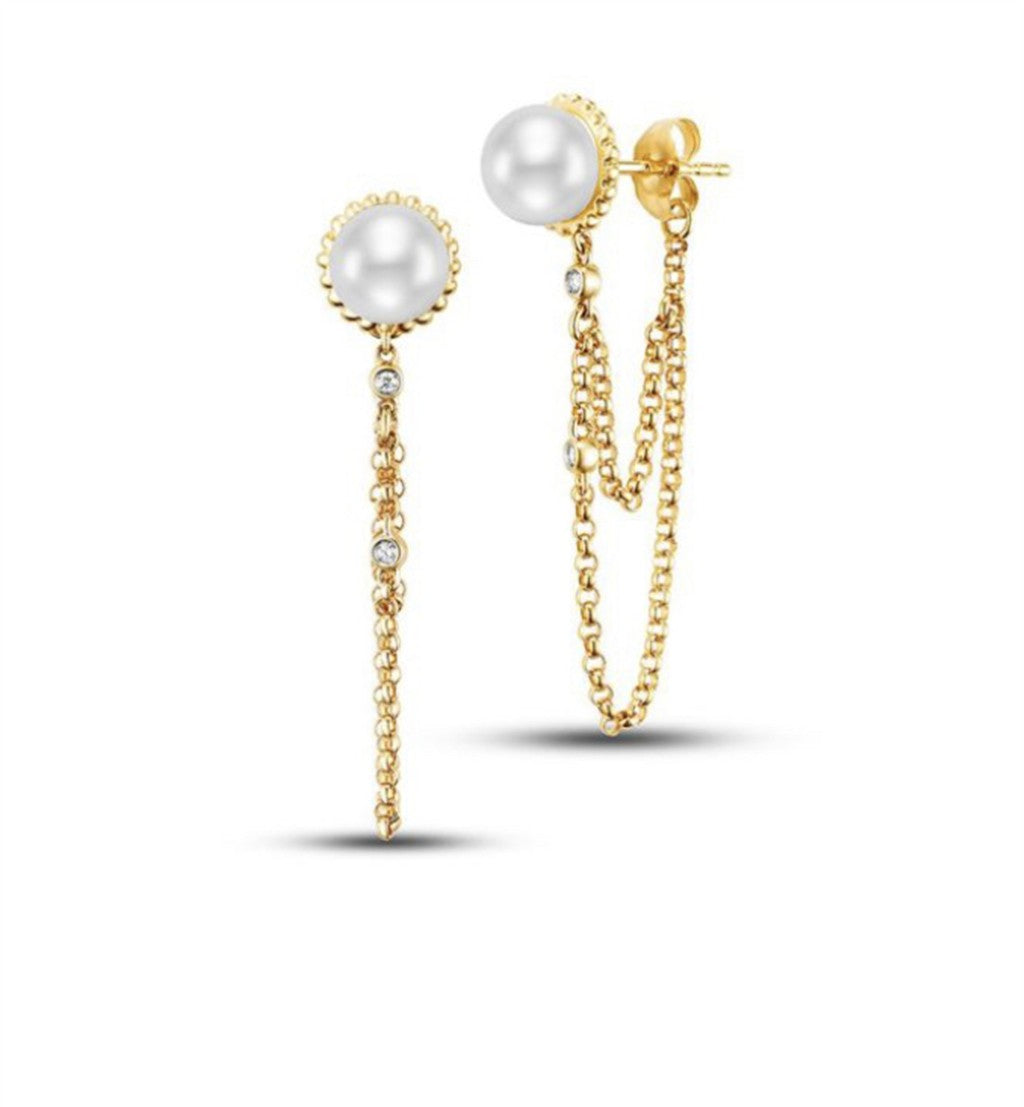 Stud Drop Earring 14 Karat Gold Yellow 7mm Fresh Water Pearls & Diamonds