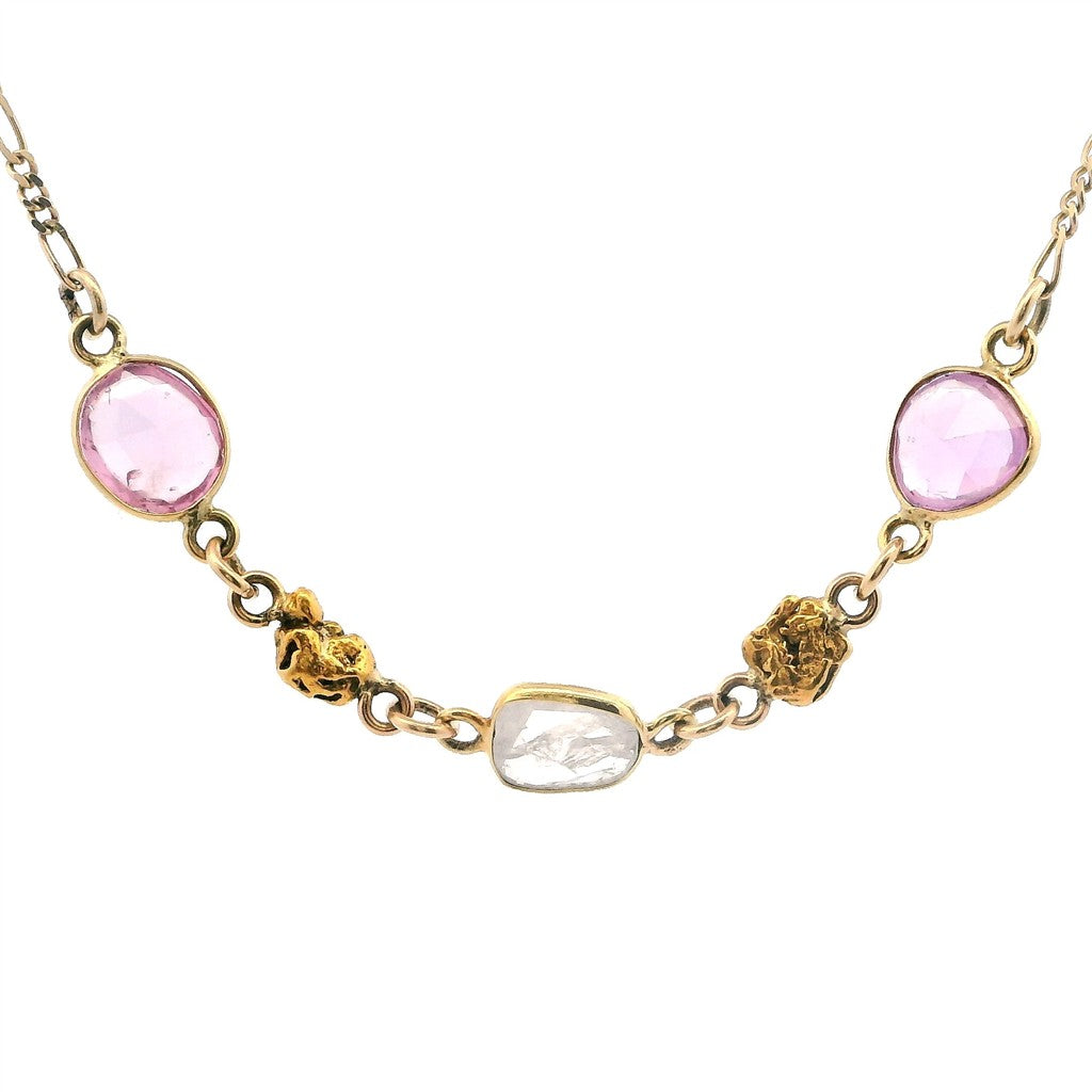 Alaskan Gold Nugget Necklace In Line 18 " long On a 14 Karat Gold Yellow Figaro Chain With Pink Sapphires Diamond