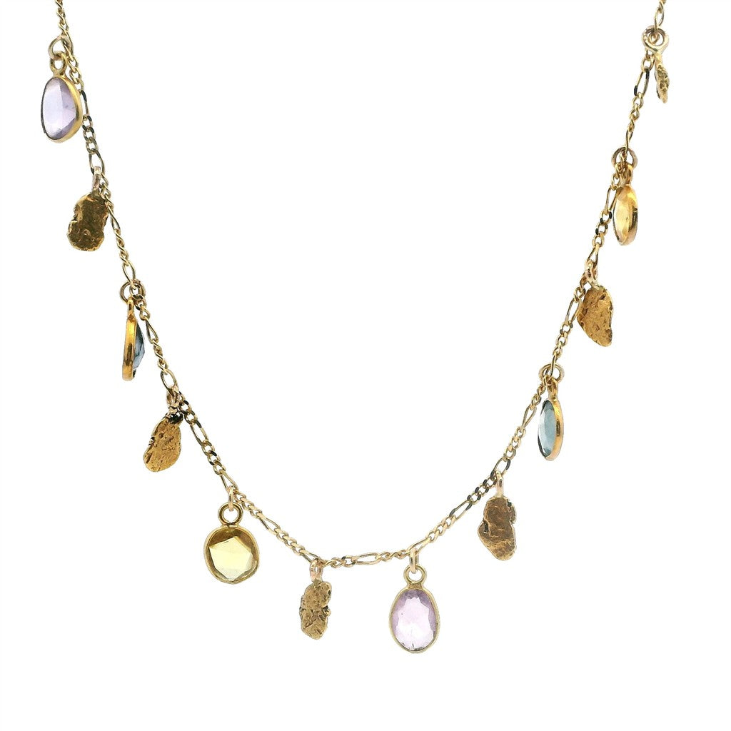 Alaskan Gold Nugget Necklace Multi Drop 18 " long On a 14 Karat Gold Yellow Figaro Chain