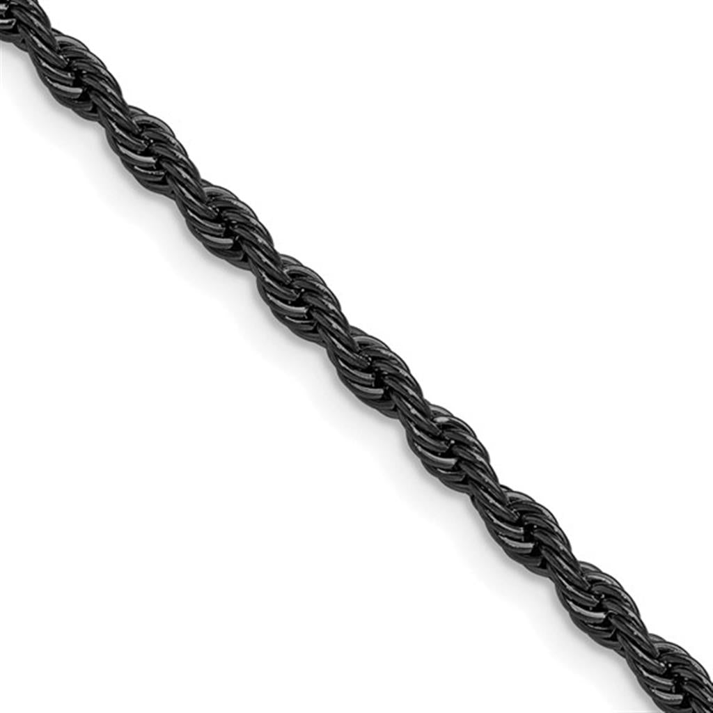 Black IP Stainless Steel 3 MM Rope Chain 24" Long