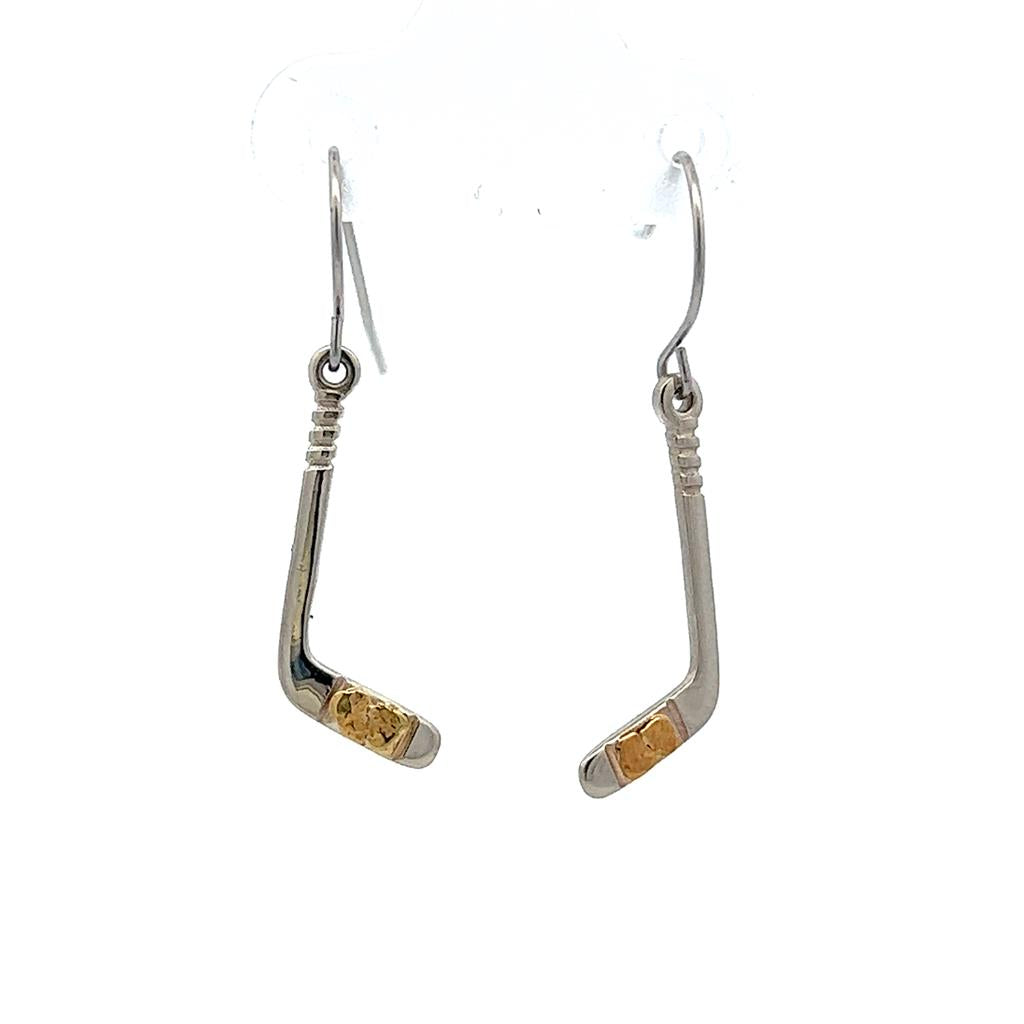 Hockey Alaskan Gold Nugget Earrings Dangle Drop on 10K & Gold Nugget White & Yellow French Wires