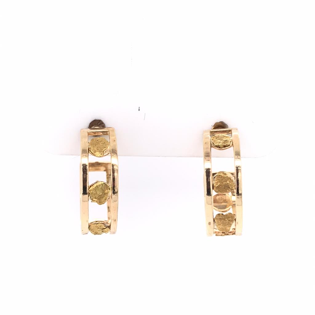 Track Style Alaskan Gold Nugget Earrings Hoop on 14 KT Yellow Ear Posts