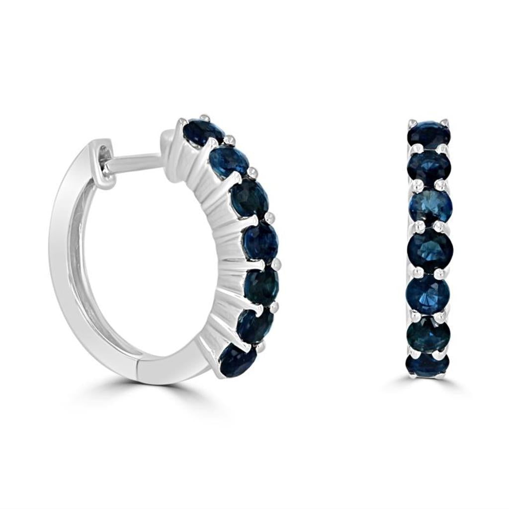 Earrings Precious Metal With Colored Stone Dangle Huggie Hoop 14 Karat Gold White With 1.38ctw Sapphires