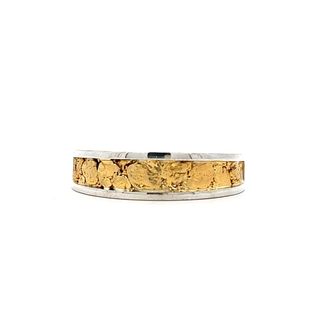 6X4mm Wide Tapered Channel Style Mens Gold Nugget Wedding Band Sterling Silver & Alaskan Gold Nugget Two Tone size 10.5