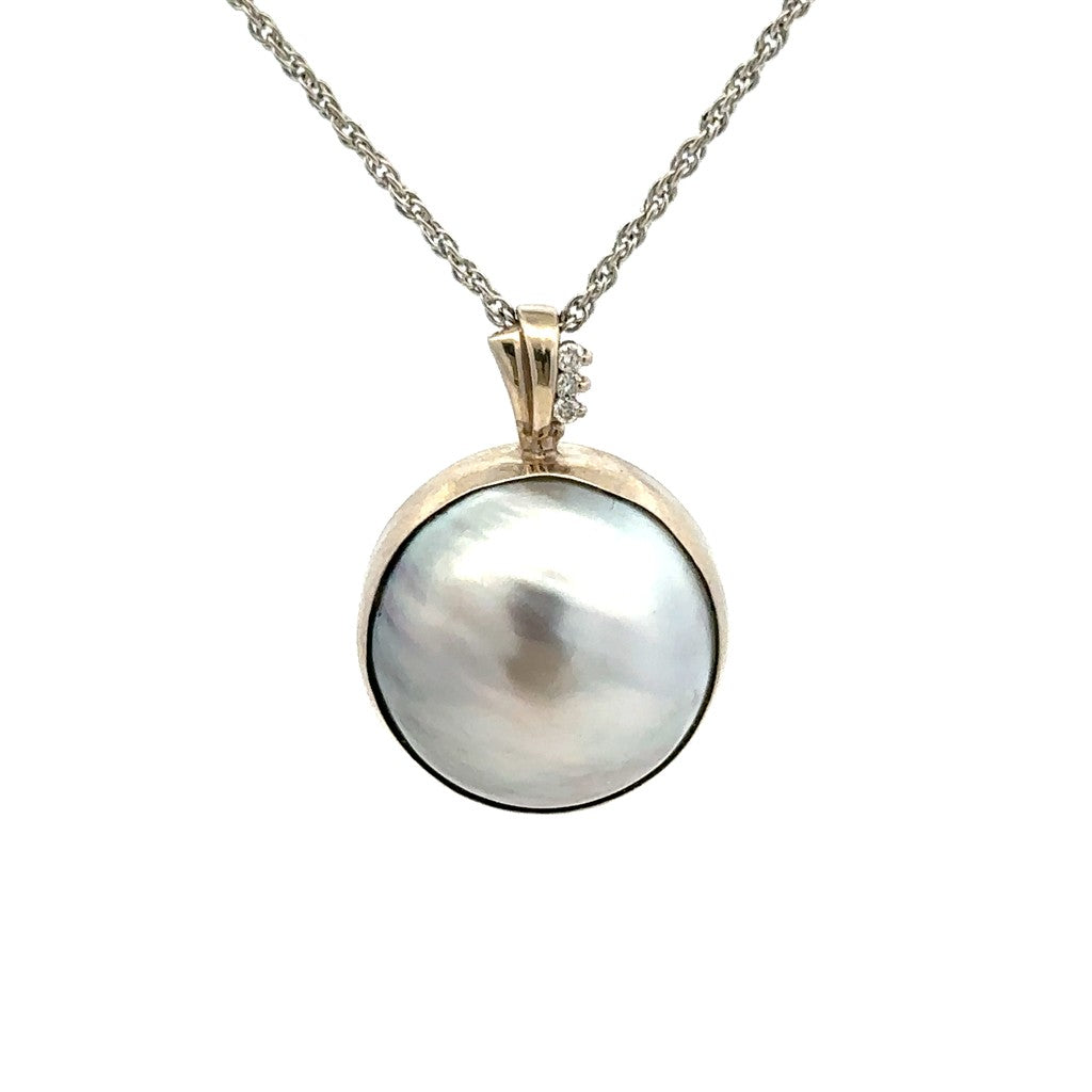 Drop Pearl Pendant 14 Karat Gold White with Button Silver Fresh Water Pearl & Round Diamonds 0.02 ctw