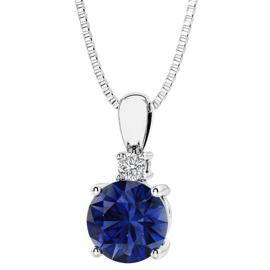 Drop Pendant Sterling Silver White with Round Blue Sapphire & Round Lab Diamond