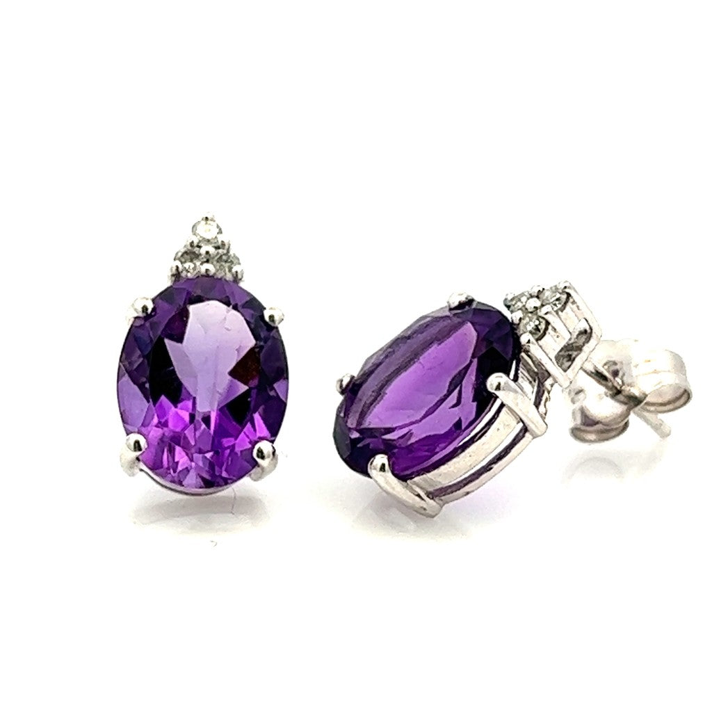 14 Karat Gold White Stud Earrings 4.21ctw Oval Amethysts 0.12 ctw Round Diamonds