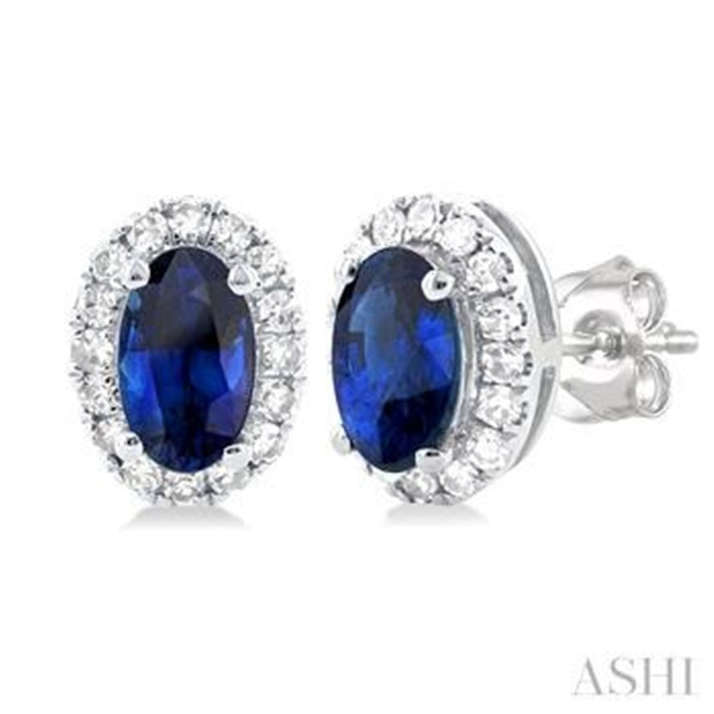 10 Karat Gold White Stud Earrings Oval Sapphires 0.14 ctw Round Diamonds